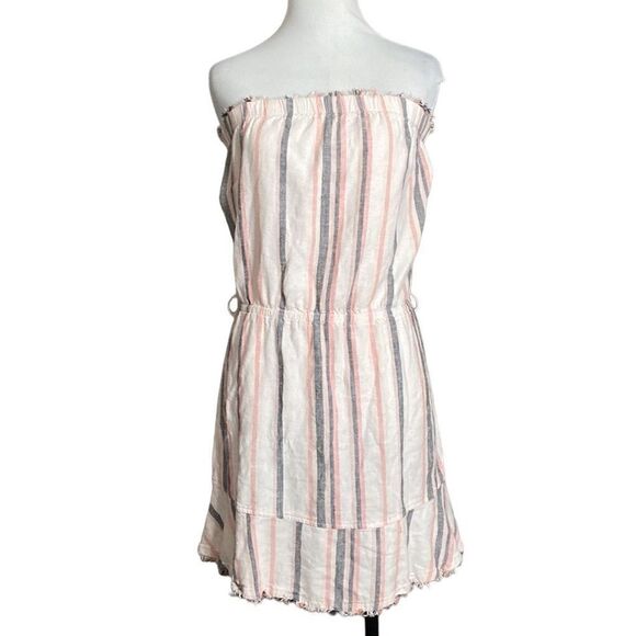 CLOTH & STONE Anthropologie Frayed Hem Strapless Linen Dress Vertical Striped - Picture 1 of 10